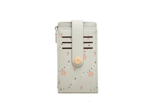 Close-up of floral print card holder with 6 slots, zipper pocket and snap closure