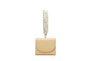 Close-up of beige short bifold wallet with leaf print wristlet and gold metal buckle