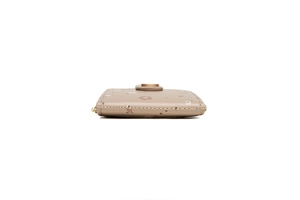 Detail of khaki pebbled leather card wallet with floral print and gold side zipper