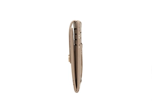 Slim taupe leather card holder detail showing multiple card slots and gold snap closure