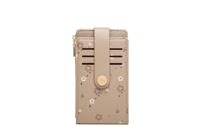 Vertical taupe card holder featuring cherry blossom prints and a gold zipper detail