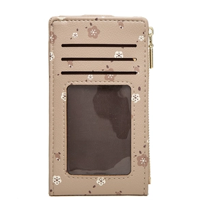 Floral print PU leather card holder with 3 card slots, ID window, and gold zipper detail