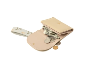 Short bifold wallet with floral wrist strap showing internal coin and cash compartments