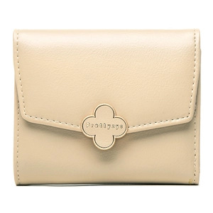 Minimalist beige pebble leather trifold wallet with gold clover buckle for women