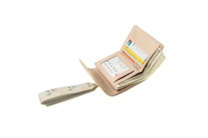 Detail view of beige tri-fold wallet interior with card slots and large bill compartment