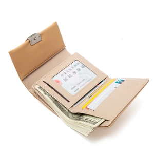 Three-fold khaki litchi grain leather wallet with multiple card slots and metal buckle