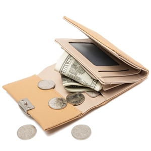 Minimalist beige tri-fold wallet with multiple card slots and silver rotary metal buckle