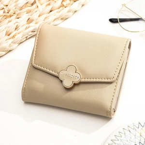 Women's Short Trifold PU Leather Wallet With Golden Clover Buckle Fashion Card Holder Coin Purse Solid Color Minimalist