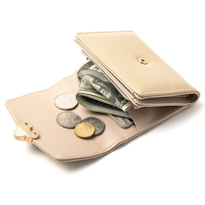 Short beige tri-fold women's wallet with lychee texture and heart metal buckle