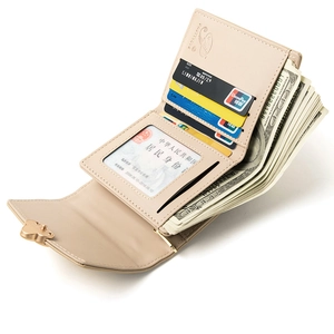 Three-fold beige faux leather wallet with gold bow buckle and multi-card slots