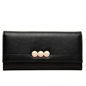 Close-up of black PU leather wallet featuring leaf-embossed gold metal buttons