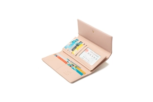 Detailed interior of pink trifold wallet showing multiple card slots and clear ID window