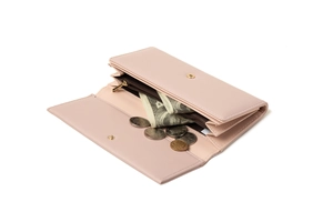Detail view of pink long purse featuring multiple cash slots and a metal zipper pocket