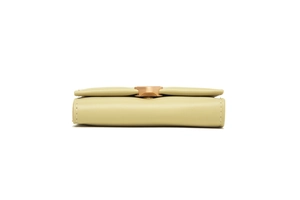 Detail of light green leather tri-fold wallet with gold clasp and neat edge stitching