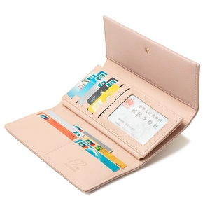 Pale pink faux leather tri-fold long wallet for women with multi-card slots and window