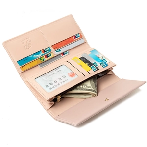 Pink PU leather long trifold wallet for women with leaf detail and multiple card slots