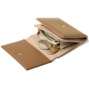 Brown litchi grain leather tri-fold wallet for women showing interior card slots and coin pocket