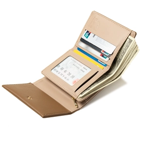 Short tri-fold two-tone faux leather wallet with multiple card slots and leaf snap closure