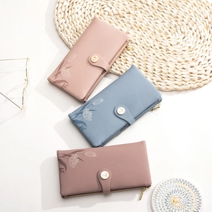 Long PU leather wallets for women with floral tulip print and metal buckle closure
