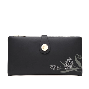 Detail of black long PU leather wallet featuring a printed lotus floral pattern