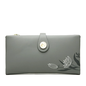 Close-up of deep gray matte leather long wallet with white lotus print and golden clasp