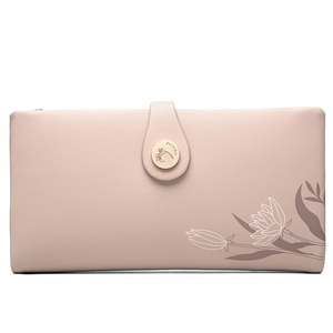 Detail of pink long wallet showing textured PU leather and branded golden metal snap buckle