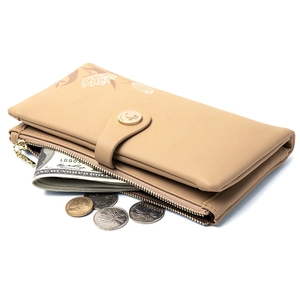 Khaki long PU leather wallet with white floral print and secure metal zipper closure