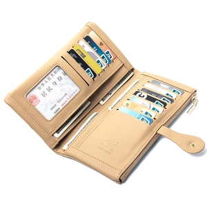 Beige faux leather trifold long wallet for women with multi-card slots and coin pocket