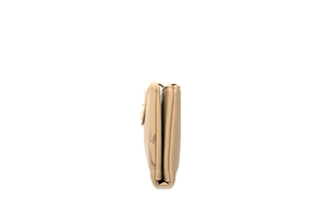 Side view detail of a khaki PU leather long wallet with embossed floral patterns and gold clasp