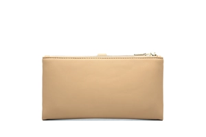 Close-up of beige faux leather wallet featuring fine lychee texture and top metal zipper