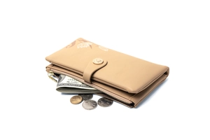 Detail view of the floral long wallet showing the interior compartments and zip pocket