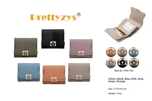 Detailed view of women's short PU leather wallet interior with card slots and metal floral buckle
