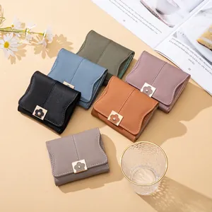 Short PU leather women's folded zipper wallet with floral metal clasp in six soft colors