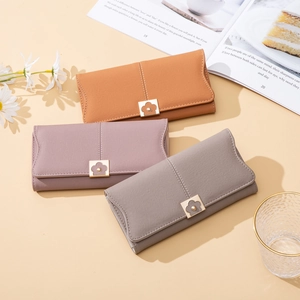 Minimalist long leather wallets with floral gold buckle in various pastel colors
