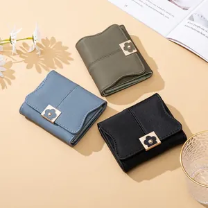 Three-fold PU leather women's short wallets in green, blue, and black with floral metal buckle