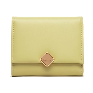 Minimalist avocado green tri-fold short leather wallet with elegant metal buckle detail