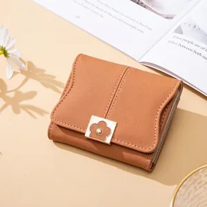 Women Wallet PU Leather Floral Metal Buckle Simple Chic Small Purse Stitching Detail Portable Multi Slot Card Holder