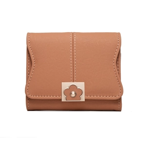 Detail of caramel PU leather wallet showing contrast stitching and gold flower buckle