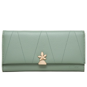 Sage green long faux leather wallet with floral clasp and geometric quilted stitching