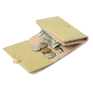 Three-fold olive green faux leather wallet with gold hardware and multiple card slots