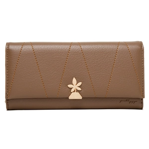 Detail of lychee pattern leather long wallet with orange V-stitching and gold floral clasp