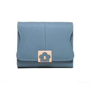 Front view of light blue PU leather wallet with golden floral square buckle and stitching