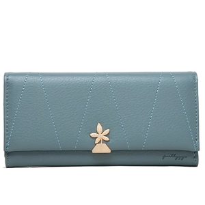 Macro shot of blue-grey pebble leather wallet featuring golden leaf buckle and V-shaped stitching