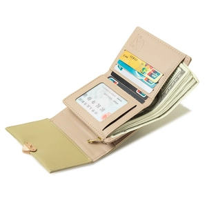 Three-fold minimalist women's wallet in beige and sage green with functional card slots