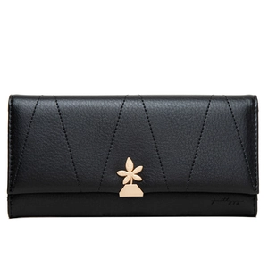 Detail view of black pebble leather wallet with V-shaped stitching and gold flower clasp