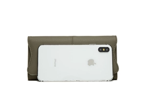 Size comparison of gray long PU leather wallet next to a mobile phone for scale