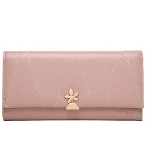 Close-up of pink quilted long wallet featuring a golden flower clasp and logo
