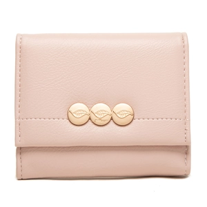 Women's pink tri-fold short wallet with lychee pattern leather and gold leaf buckles