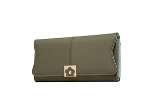 Detailed view of dark olive green PU leather wallet with golden petal buckle and blue lining