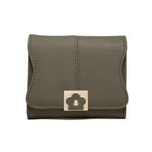 Detail of olive green PU leather wallet with flower metal buckle and vertical stitching